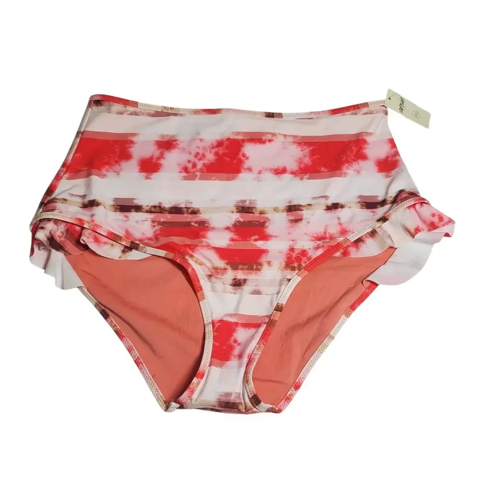 Aerie High Waisted Full Coverage Ruffle Tie Dye Pink Bikini Swim Bottoms NWT M - Picture 3 of 13
